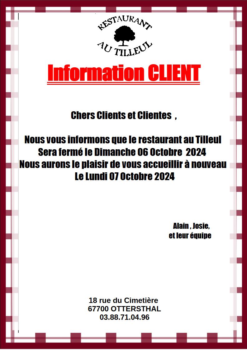 Fermeture le 6 Octobre 2024