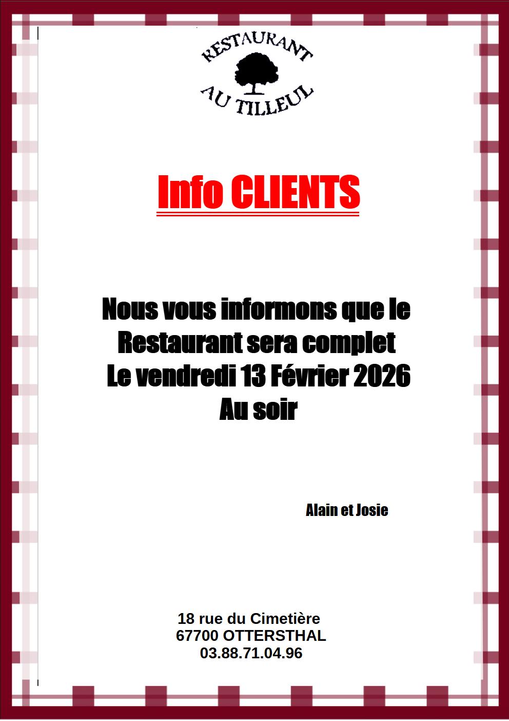 13 Février 2026 : COMPLET le soir