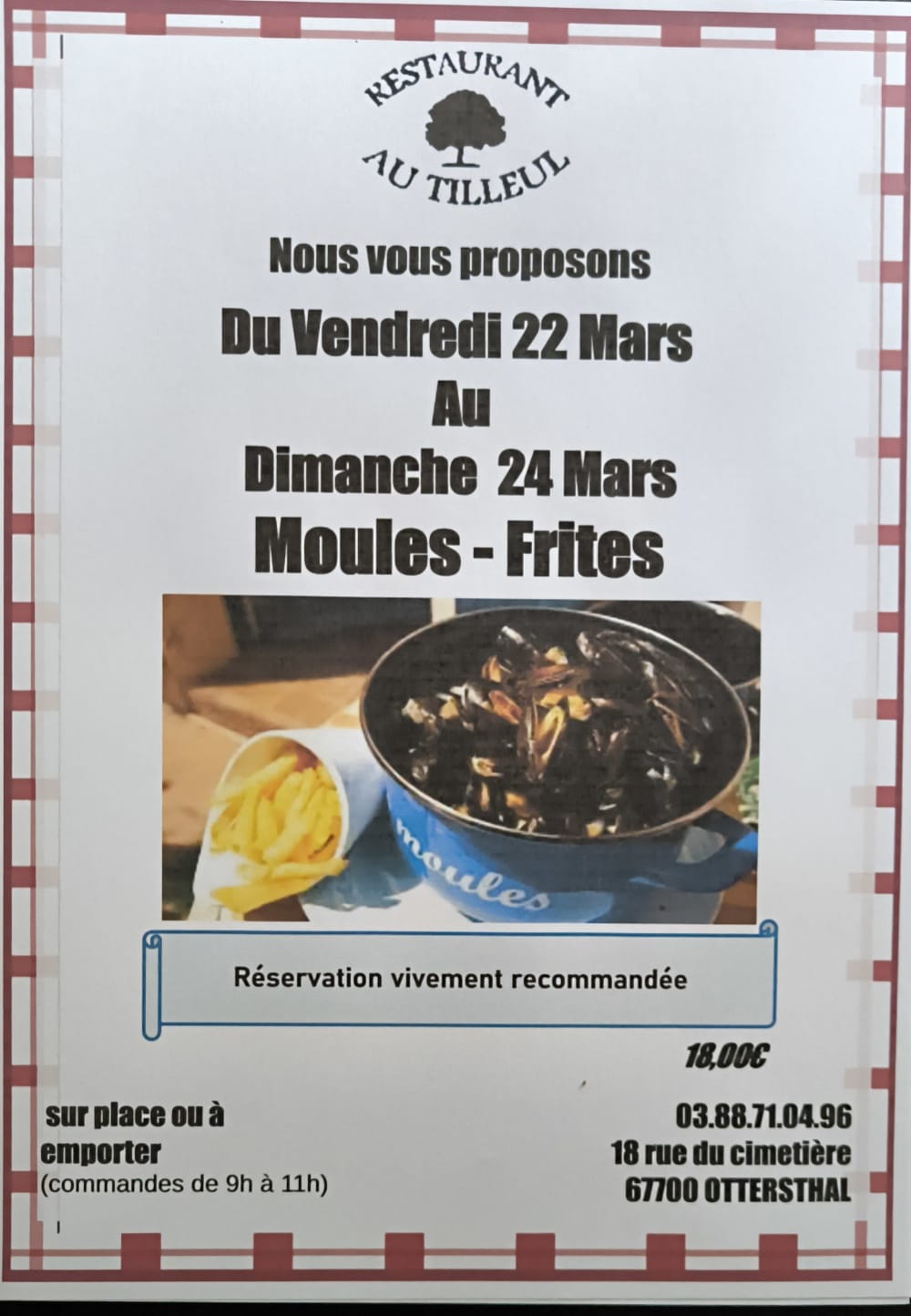 Moules frites du 22 au 24 Mars 2024