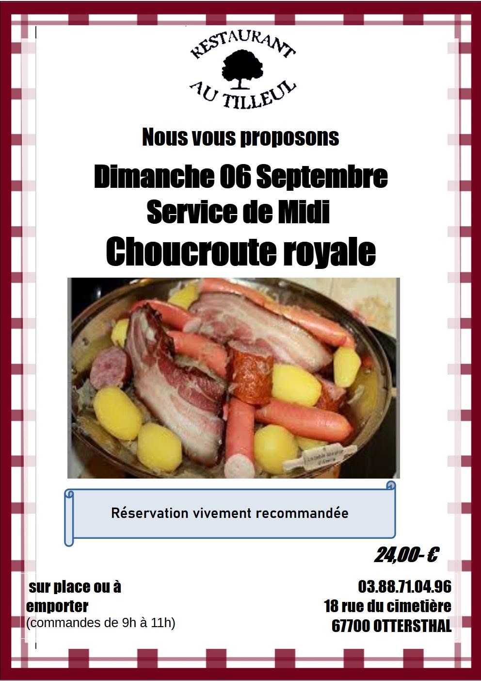 Dimanche 6 Septembre 2026 Midi " Choucroute Royale "