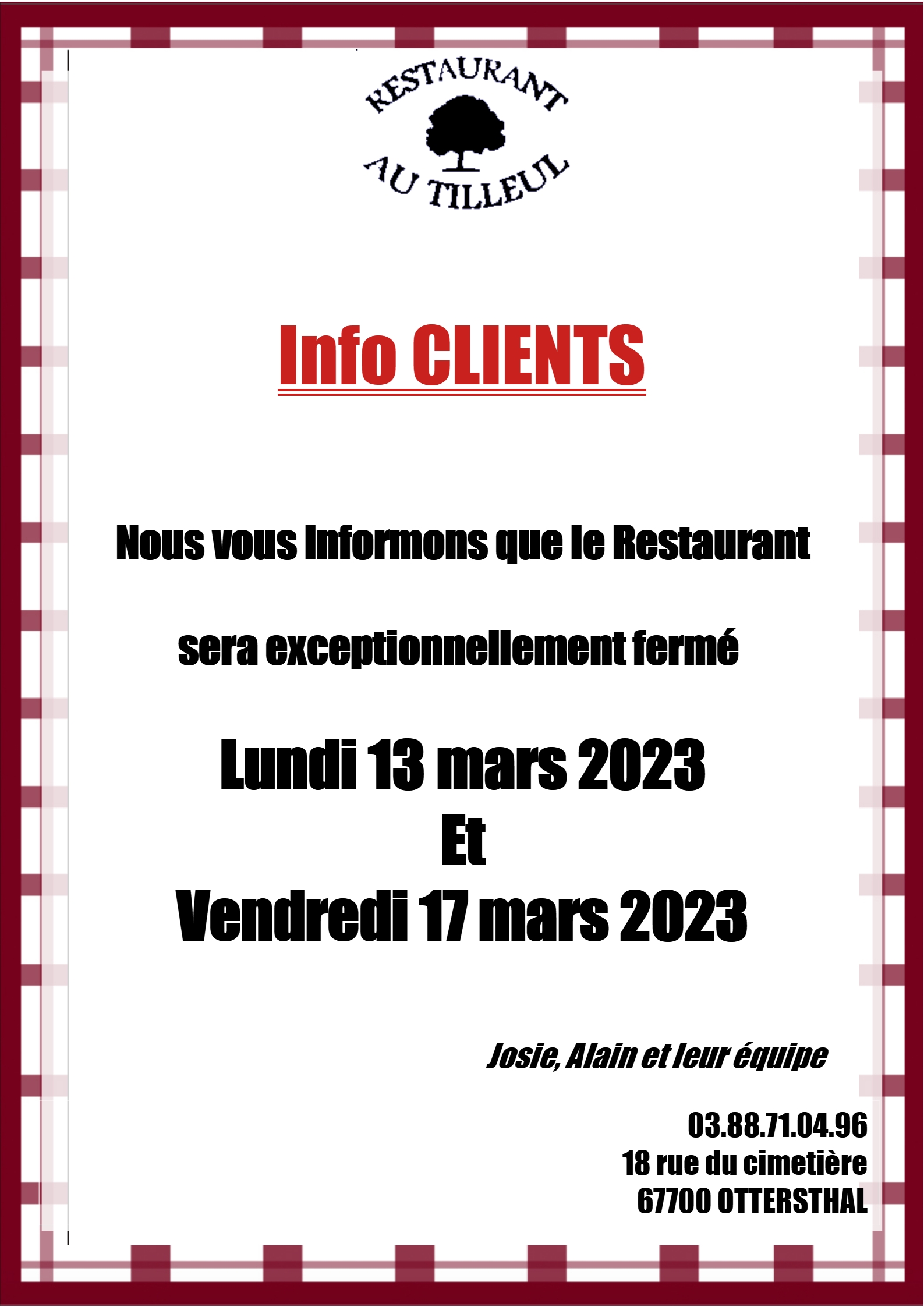 Fermeture 13 et 17 mars 2023