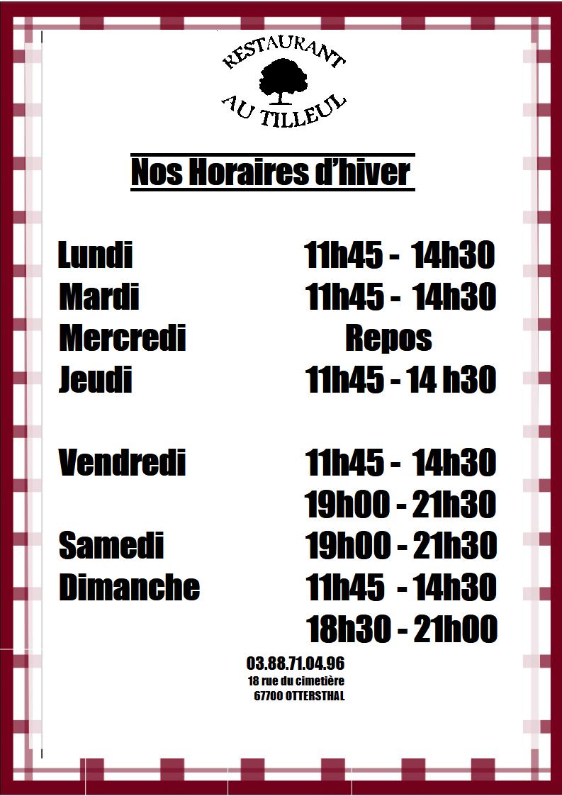 Horaires d'Hiver