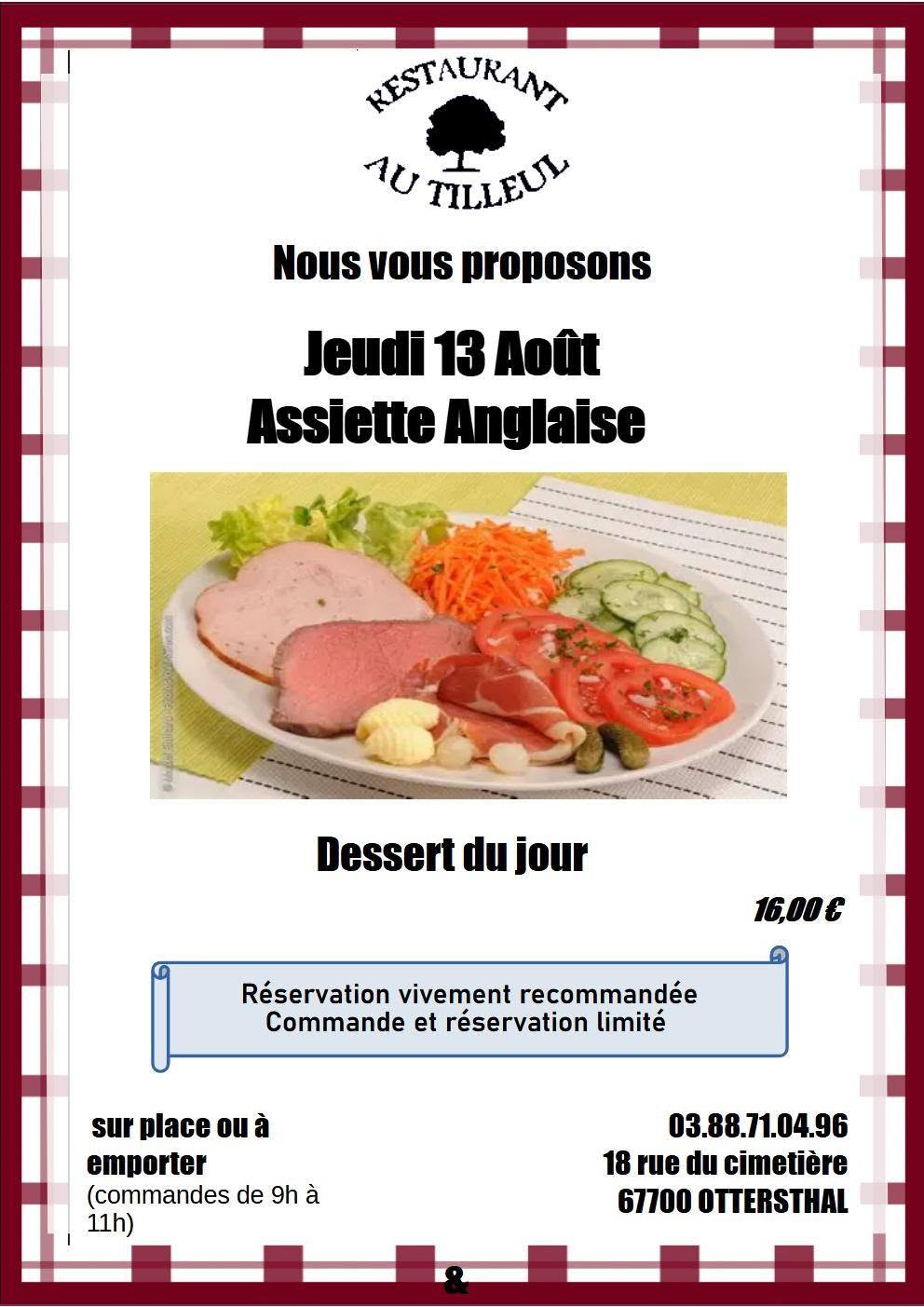 Jeudi 13 Août 2026 " Assiette Anglaise "