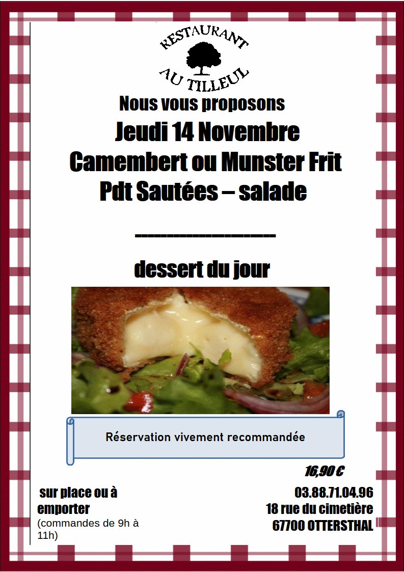 Jeudi 14 Novembre 2024 : Camembert ou Munster Frit