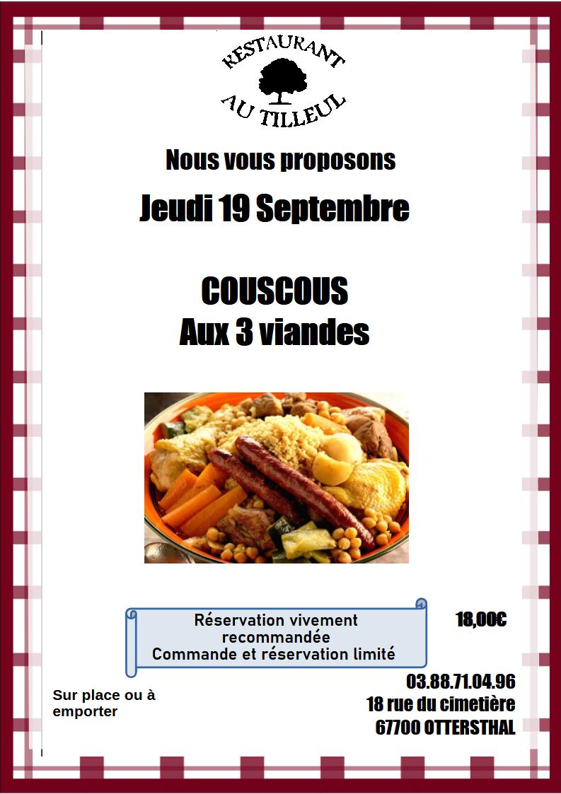 Jeudi 19 Septembre 2024 : Couscous aux trois viandes