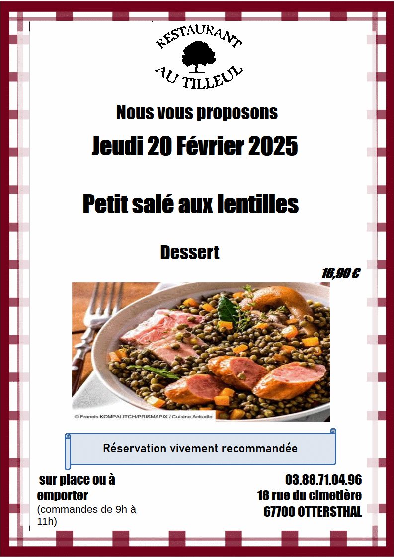 Jeudi 20 février 2025 : lentilles au Petit Salé
