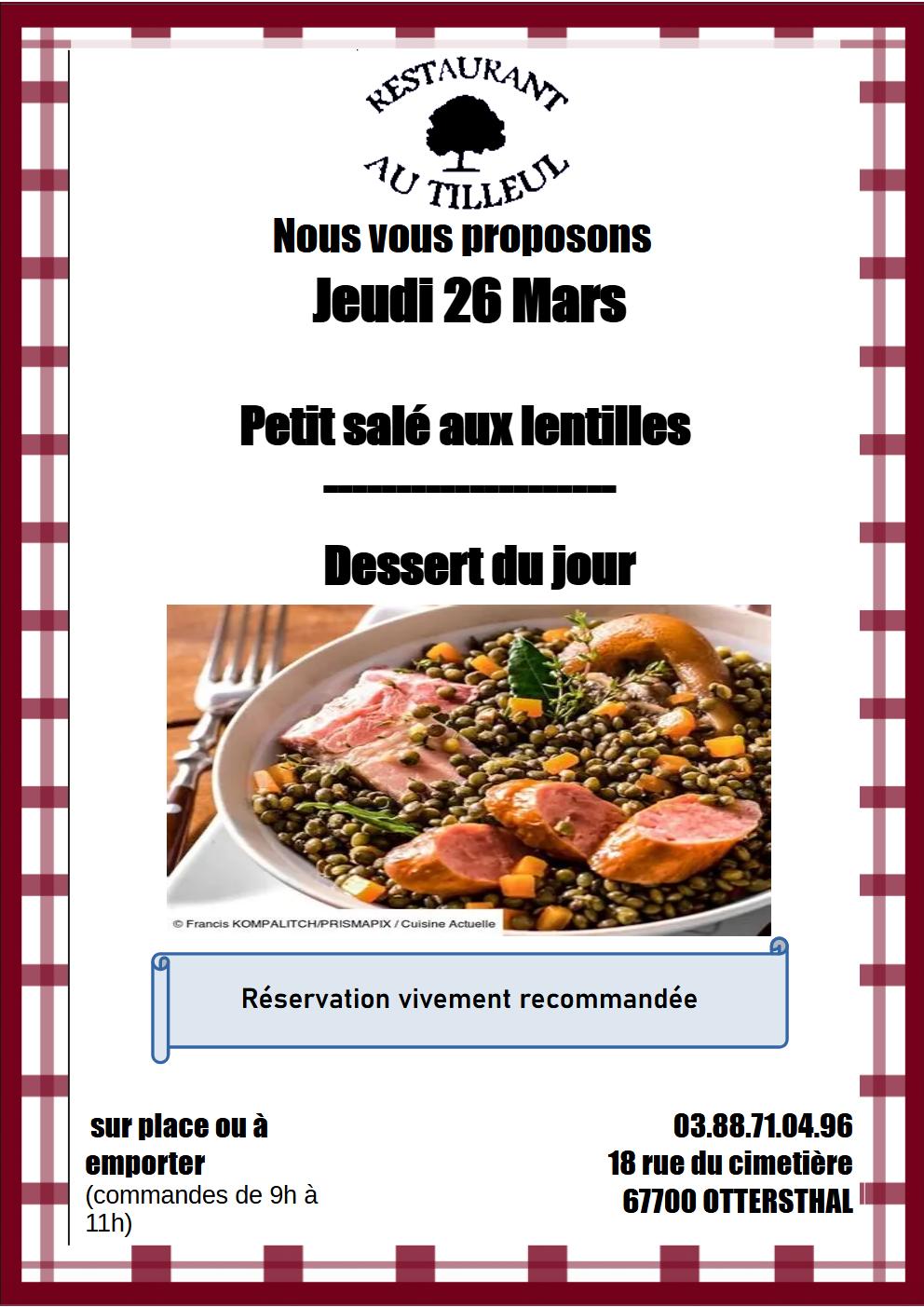 Jeudi 26 Mars 2026 : petit salé aux lentilles