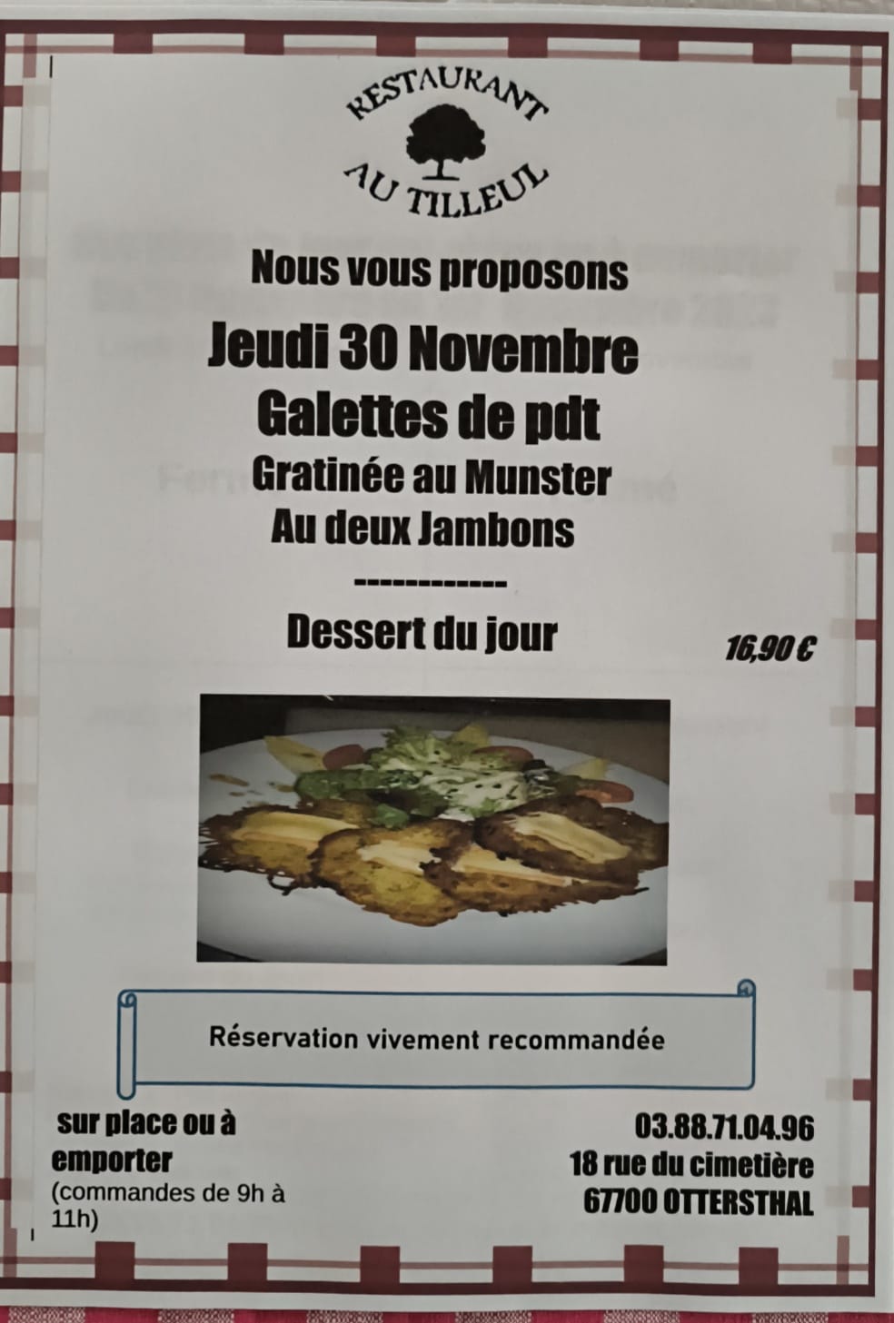 Menu du jeudi 30 Novembre 2023