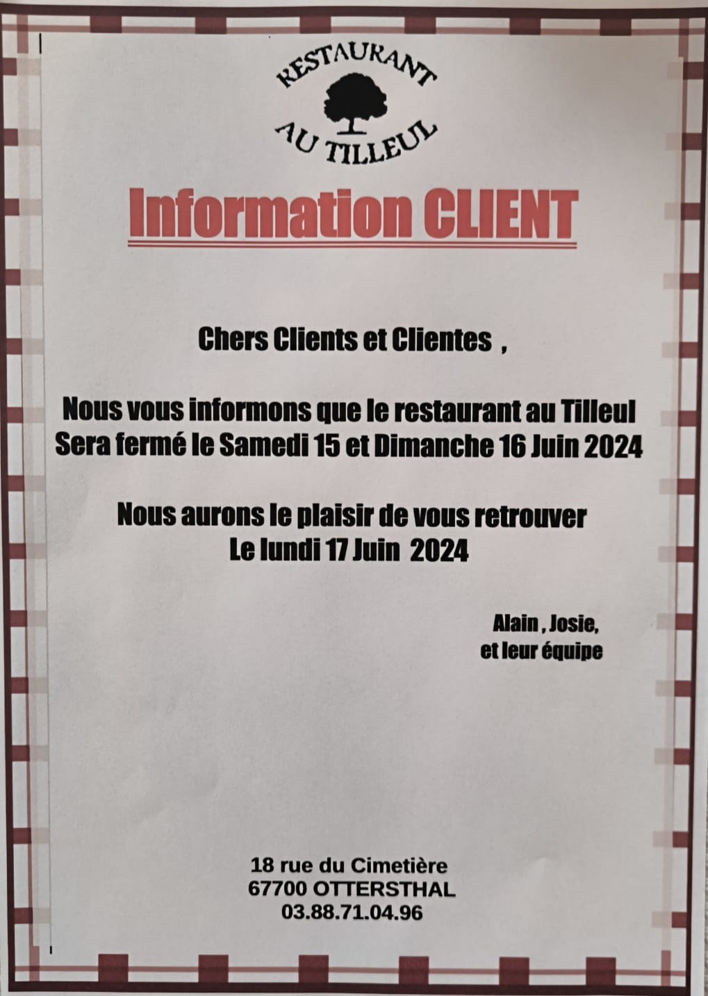 Fermeture 15 et 16 juin 2024