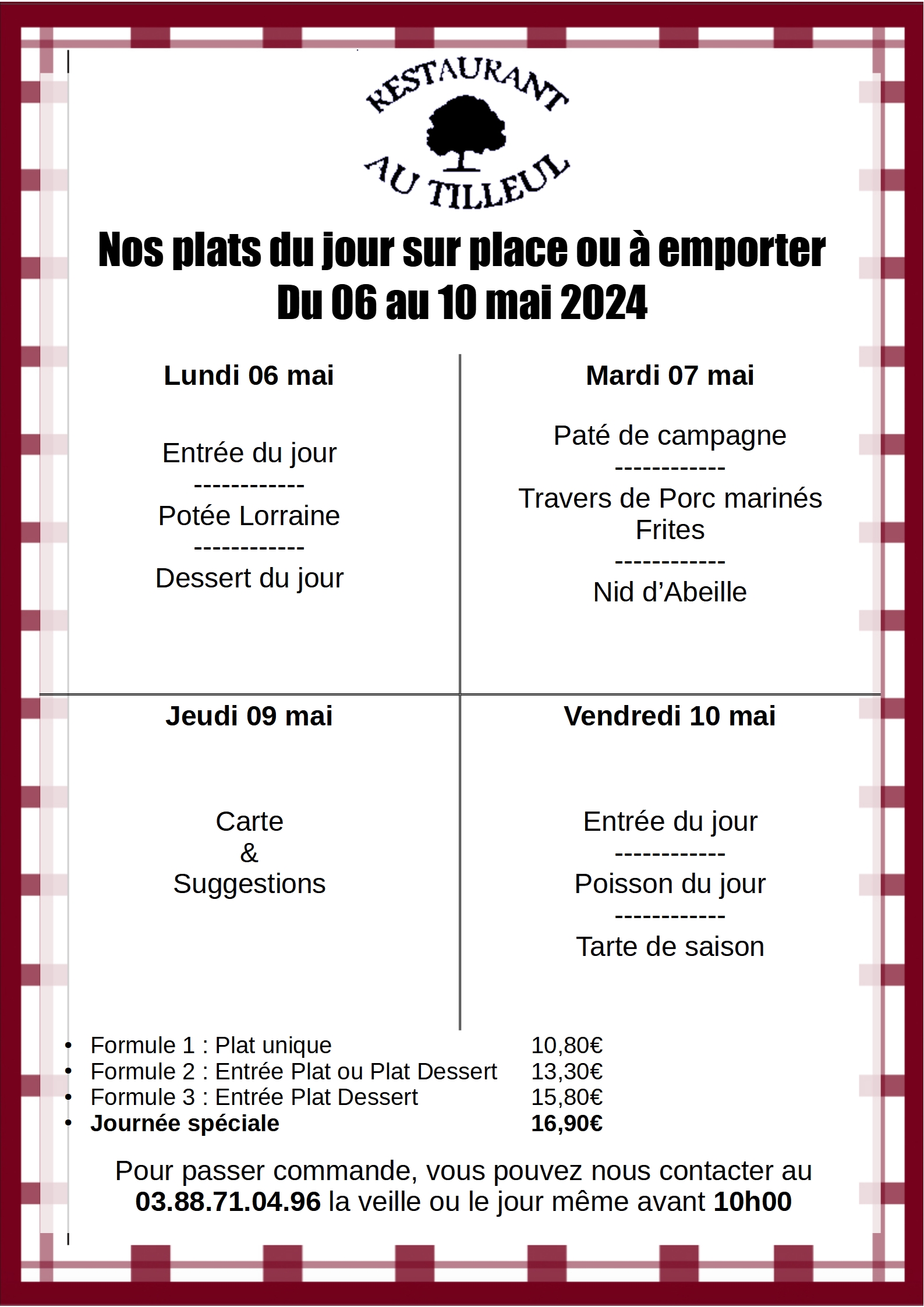 Menus du 06 au 10 Mai 2024