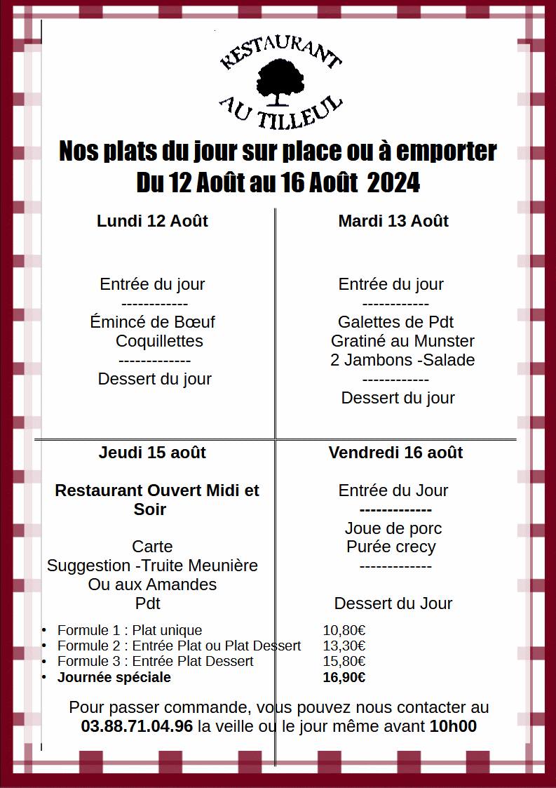 Menus du 12 au 16 Août 2024