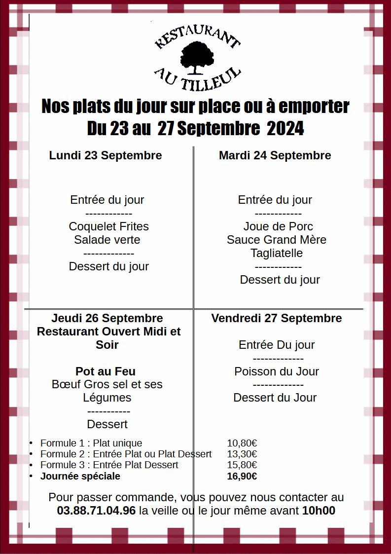 Menus du 23 au 27 Septembre 2024