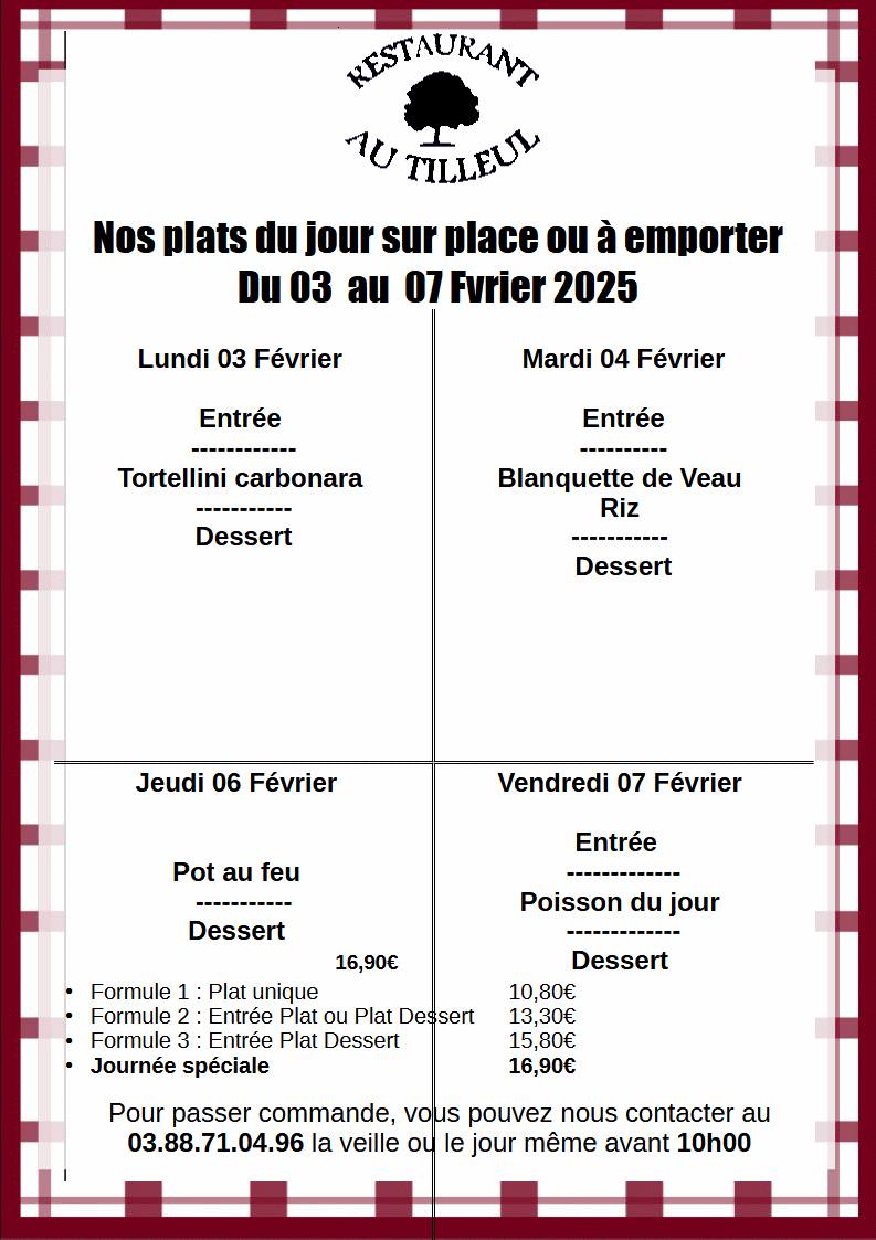 Menus du 3 au 7 Février 2025