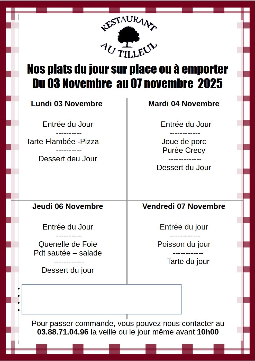 Menus du 3 au 7 Novembre 2025