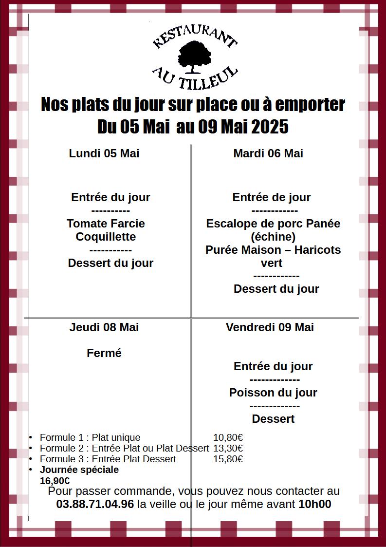 Menus du 5 au 9 Mai 2025
