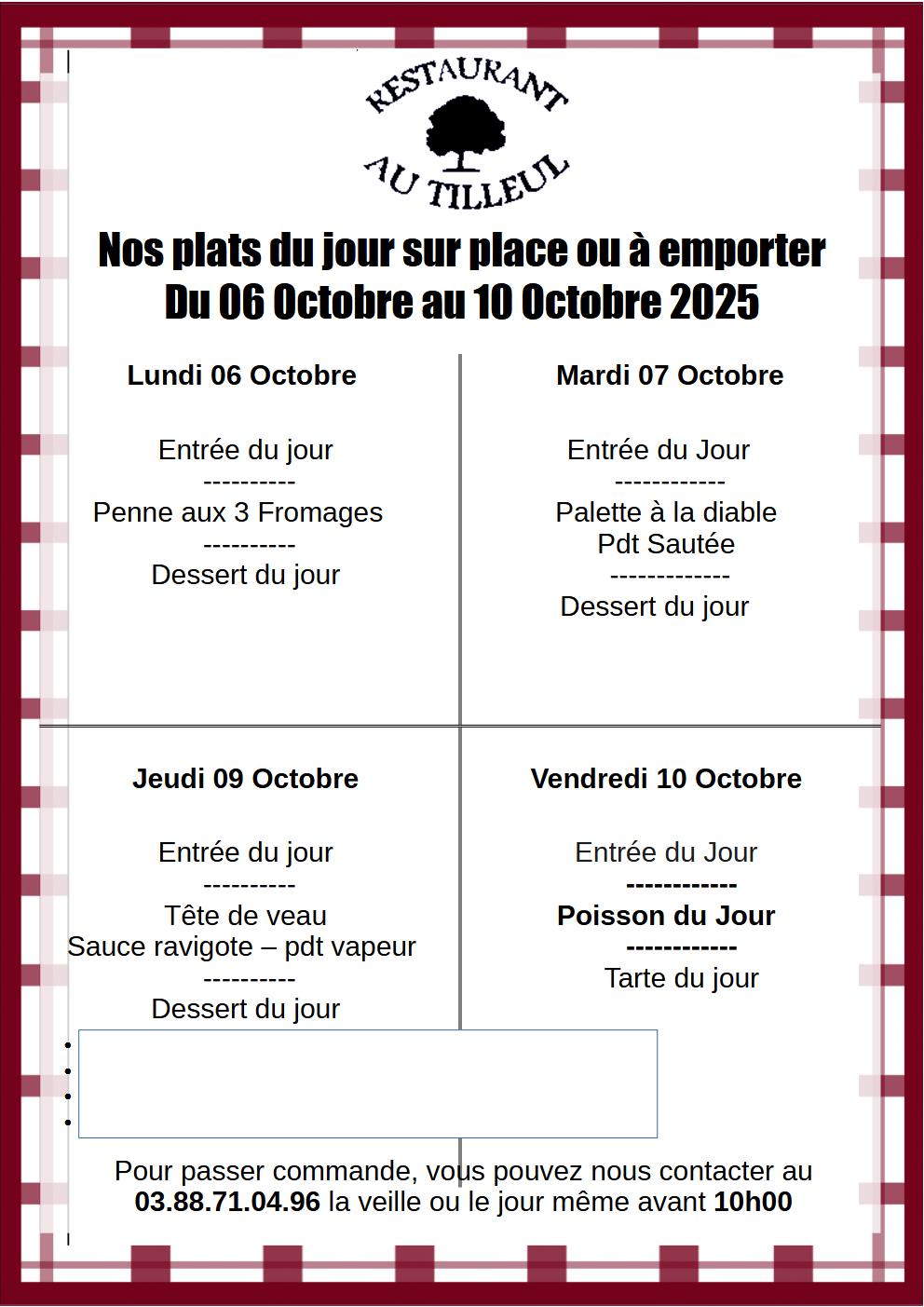 Menus du 6 au 10 Octobre 2025