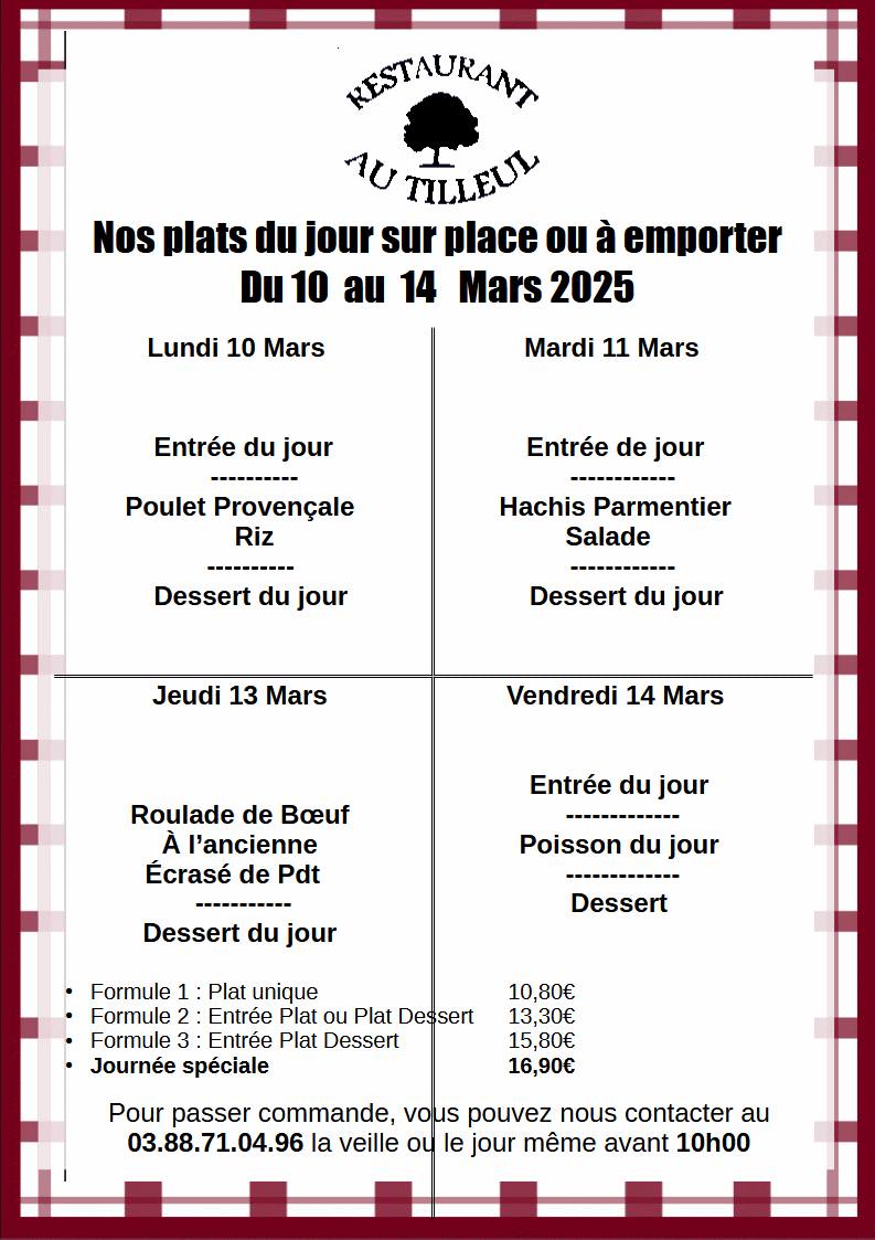 Menus du 10 au 14 Mars 2025