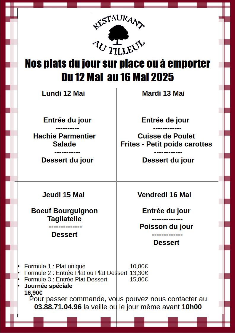 Menus du 12 au 16 Mai 2025
