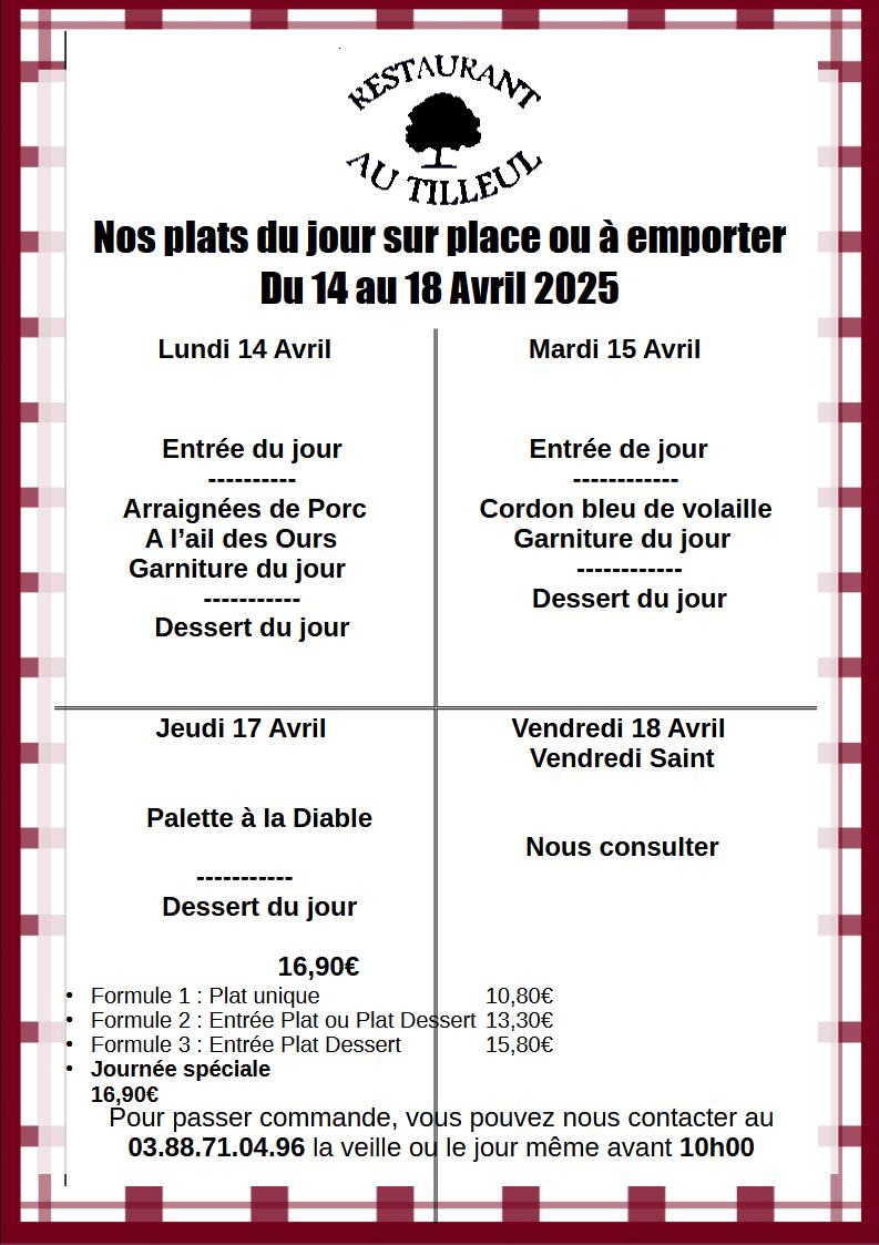 Menus du 14 au 18 Avril 2025