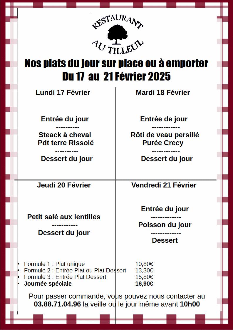 Menus du 17 au 21 Février 2025