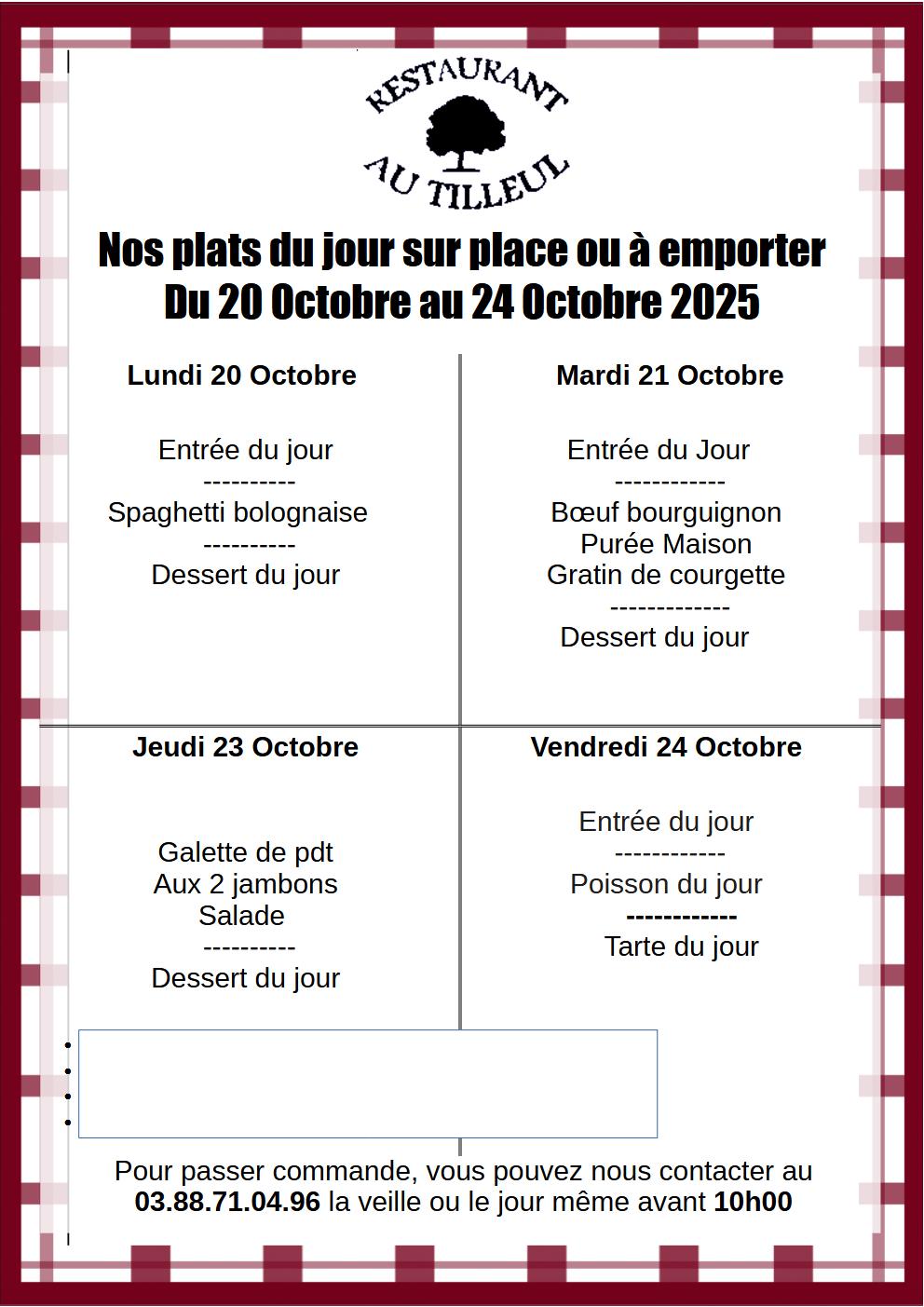 Menus du 20 au 24 Octobre 2025