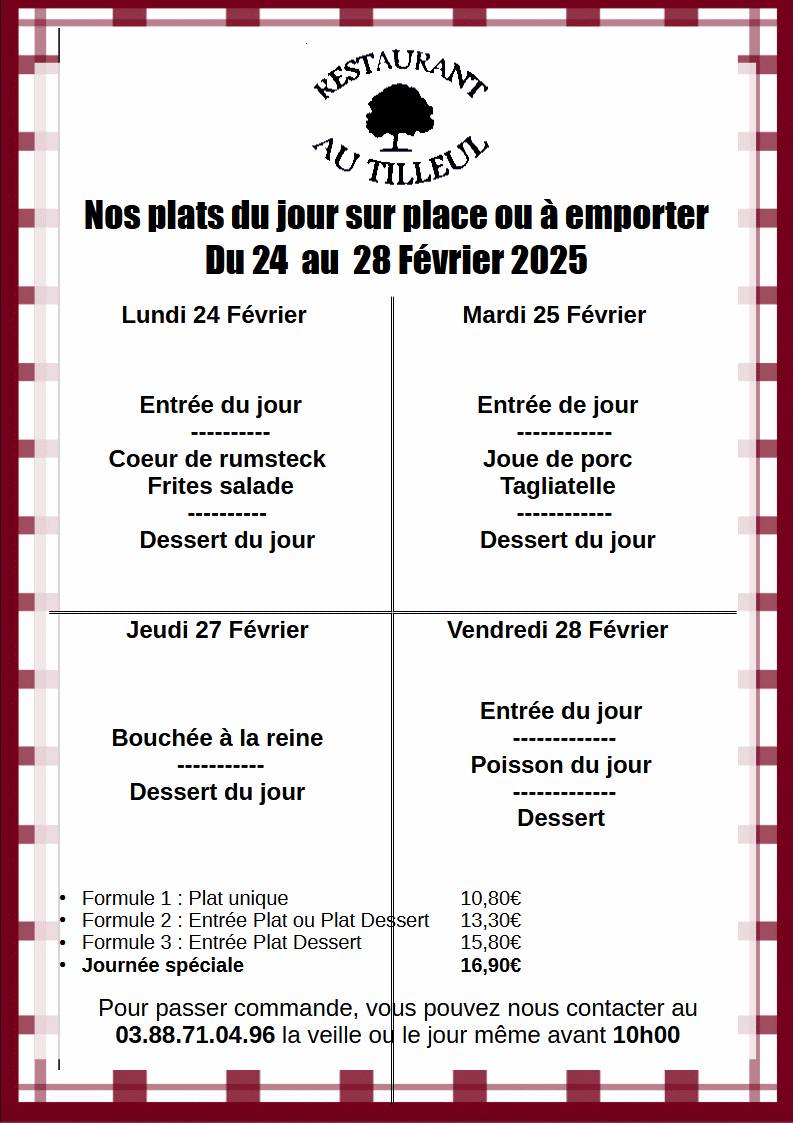 Menus du 24 au 28 février 2025