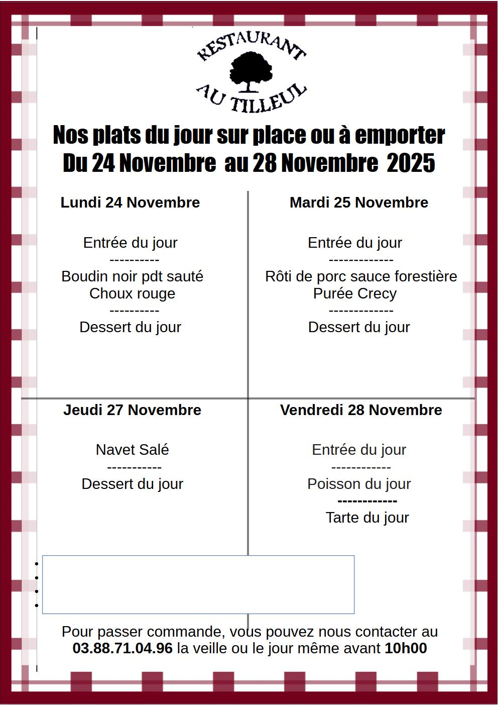 Menus du 24 au 28 Novembre 2025