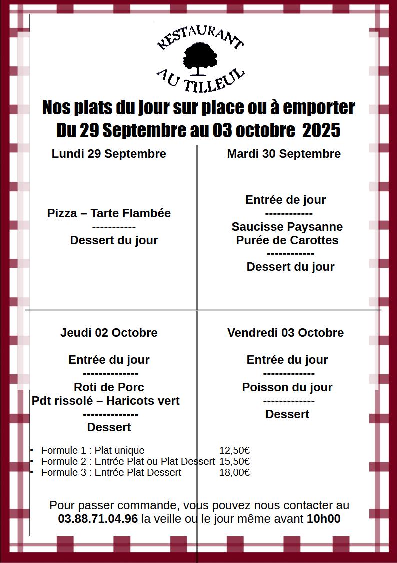 Menus du 29 Septembre au 3 Octobre 2025