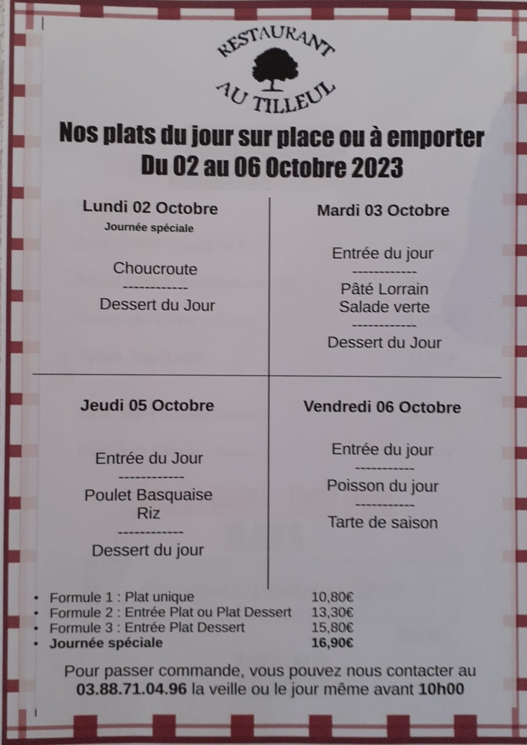 Menus du 2 au 6 octobre 2023