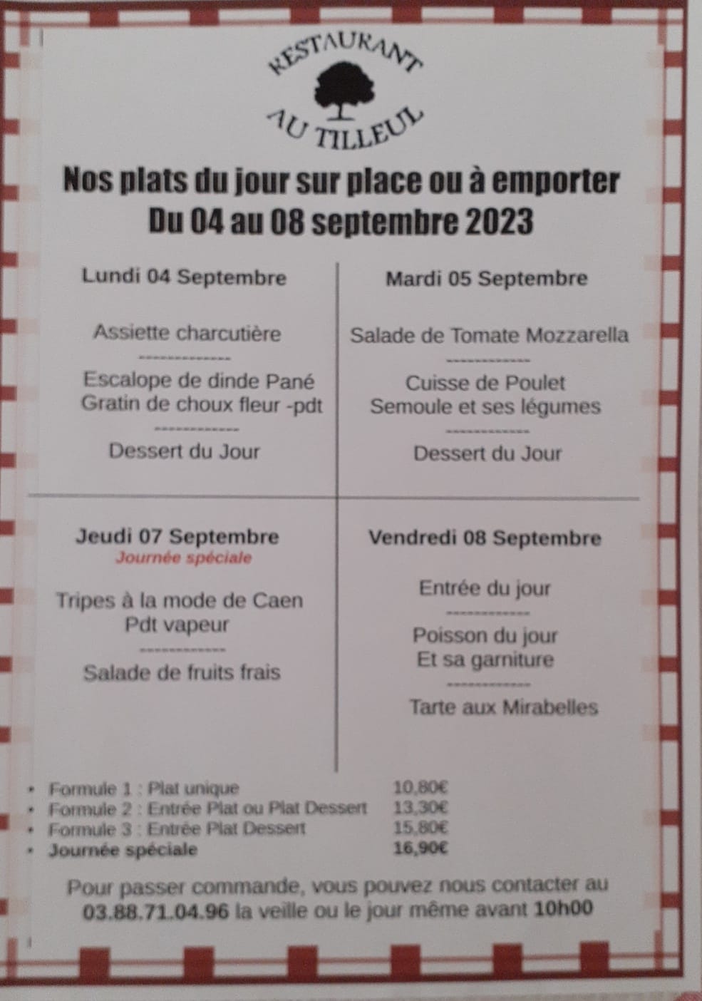 Menus du 4 au 8 septembre 2023