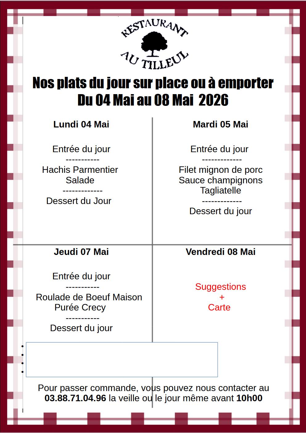 Menus du 4 au 8 Mai 2026