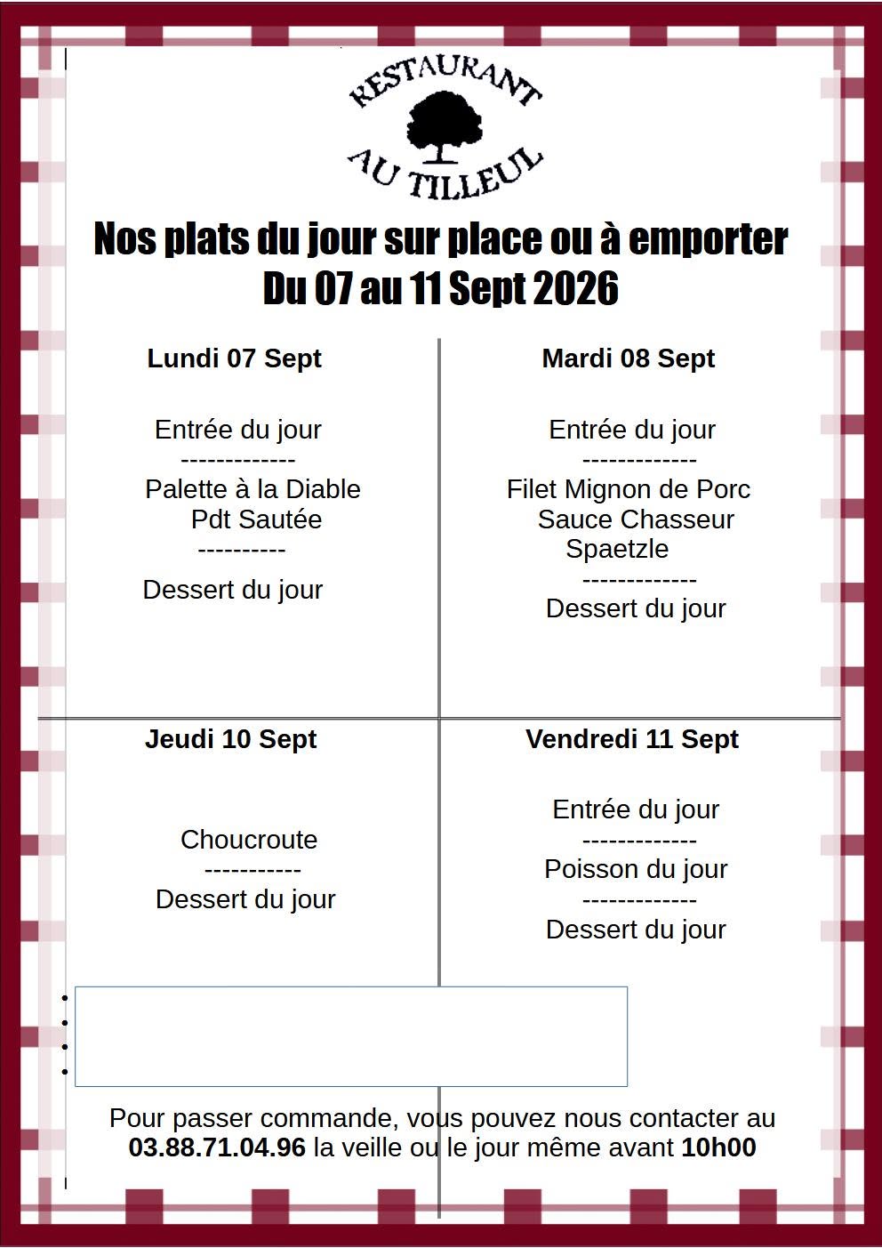 Menus du 7 au 11 Septembre 2026