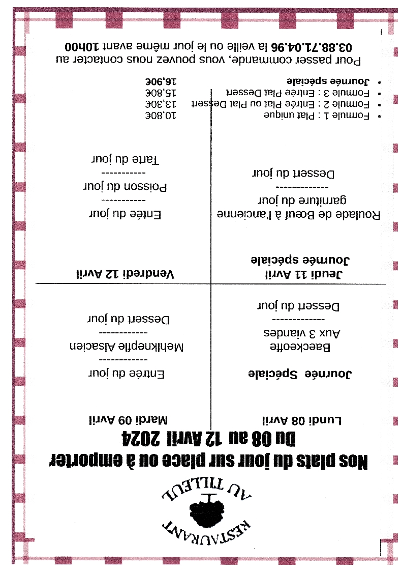 Menus du 8 au 12 Avril 2024