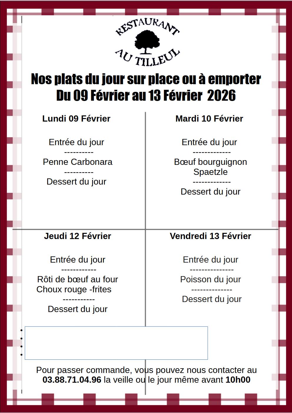 Menus du 9 au 13 Février 2026