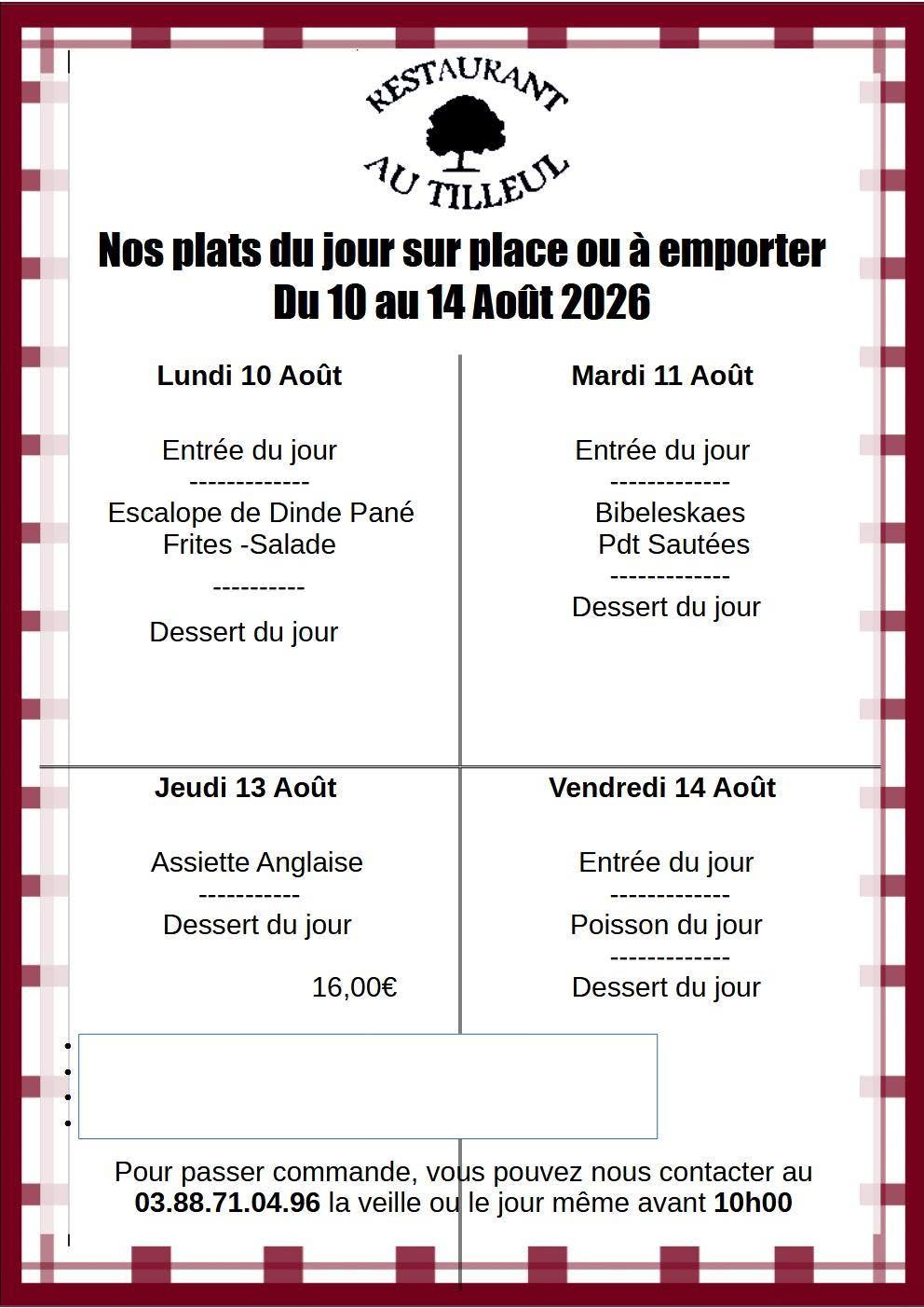 Menus du 10 au 14 Août 2026