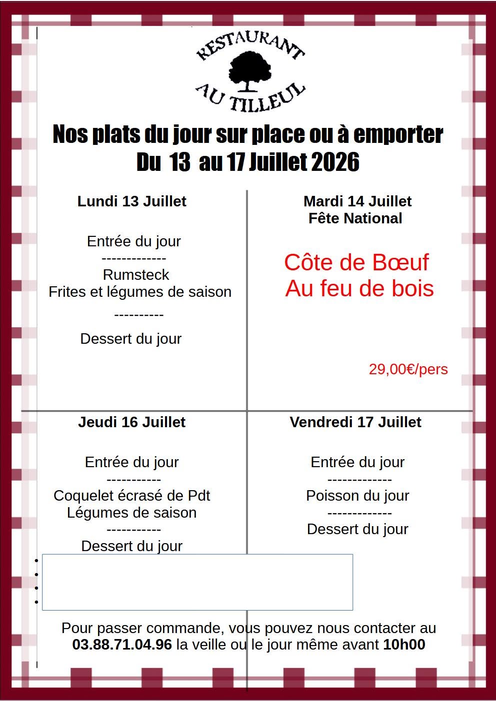 Menus du 13 au 17 Juillet 2026