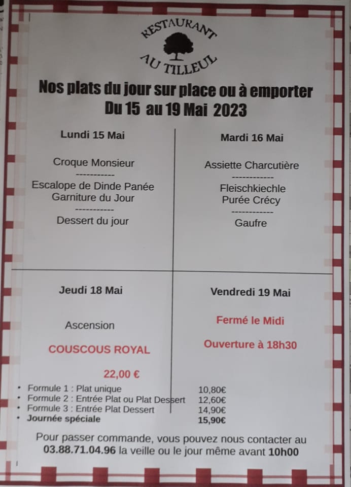 Menus du 15 au 19 mai 2023