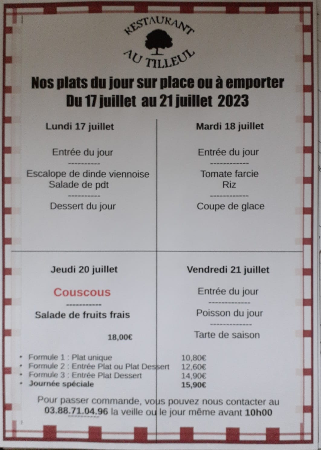 Menus du 17 au 21 juillet 2023