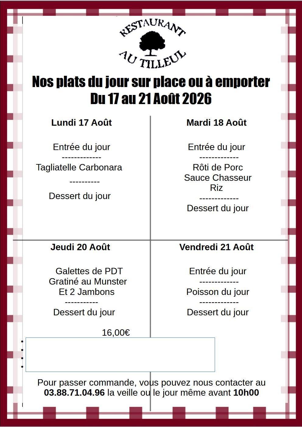 Menus du 17 au 21 Août 2026