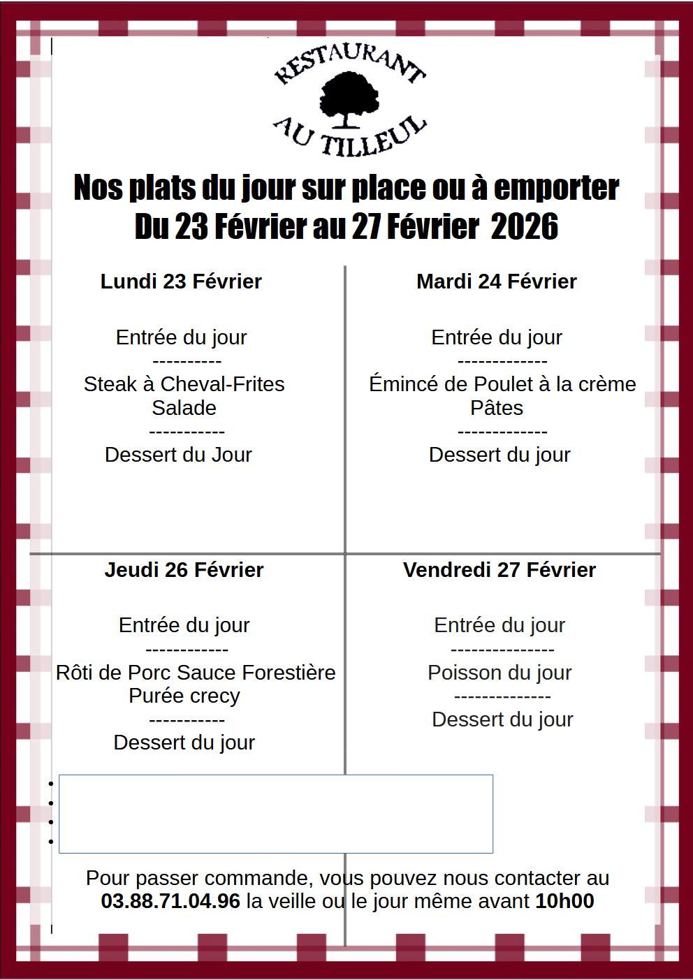 Menus du 23 au 27 Février 2026