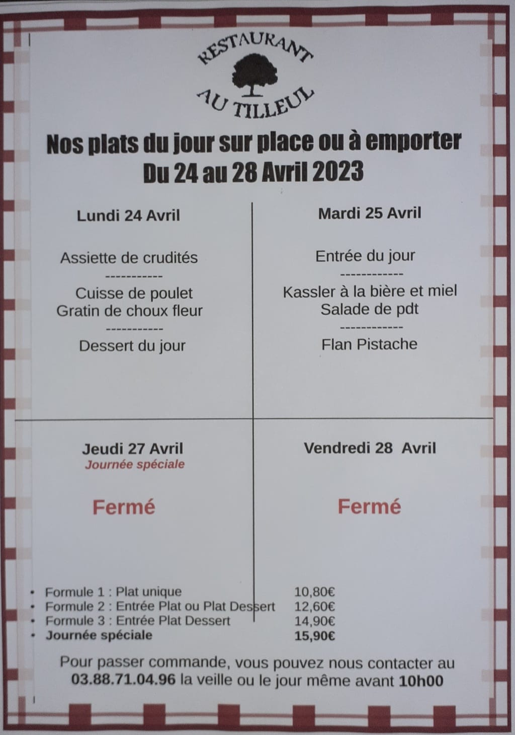 Menus du 24 au 28 avril 2023