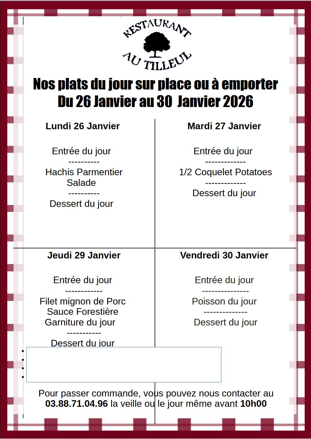 Menus du 26 au 30 Janvier 2026