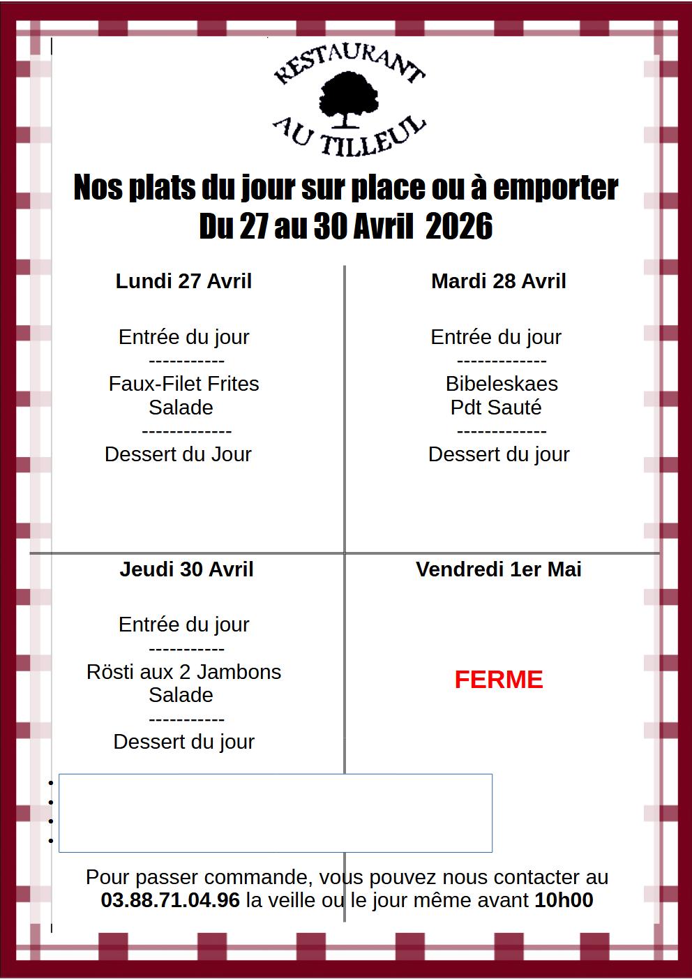 Menus du 27 au 30 Avril 2026
