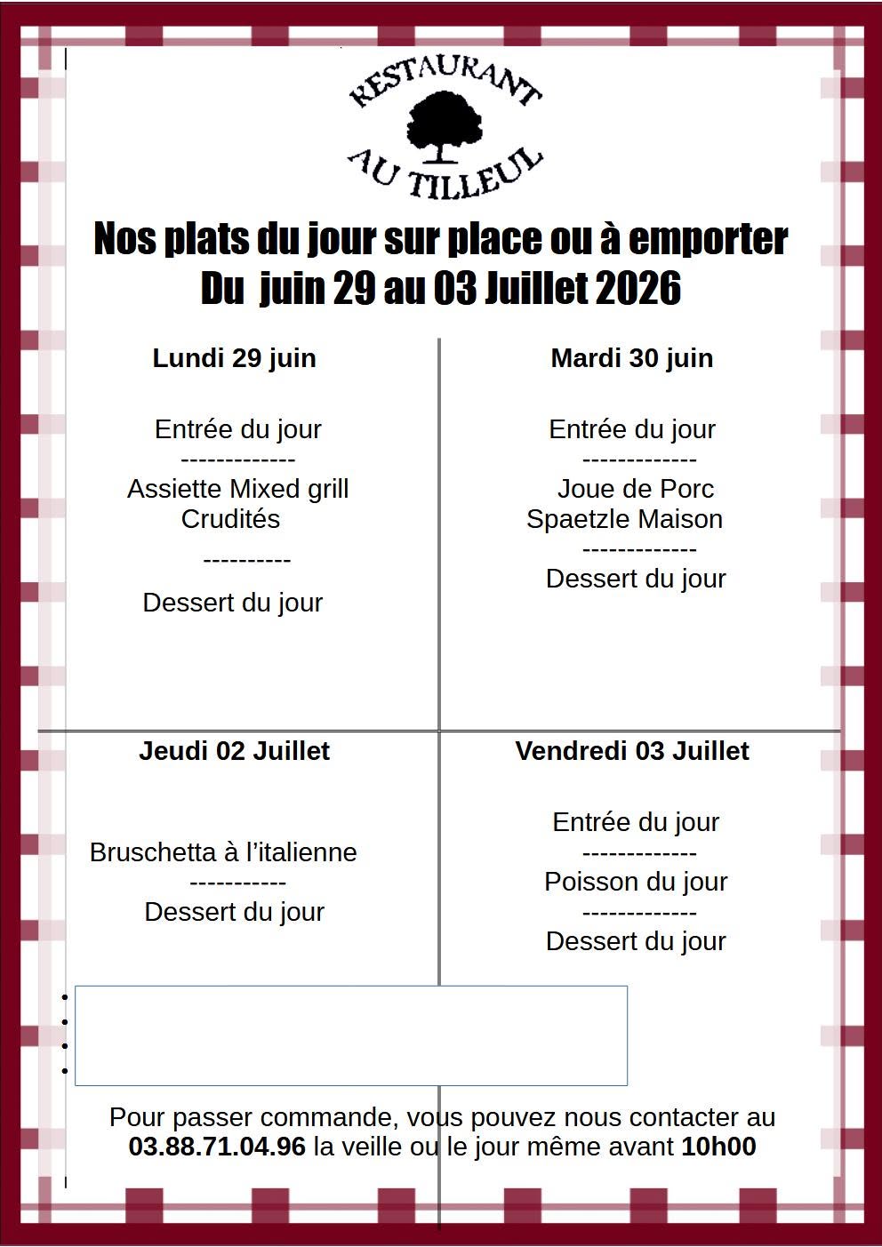 Menus du 29 juin au 03 juillet 2026