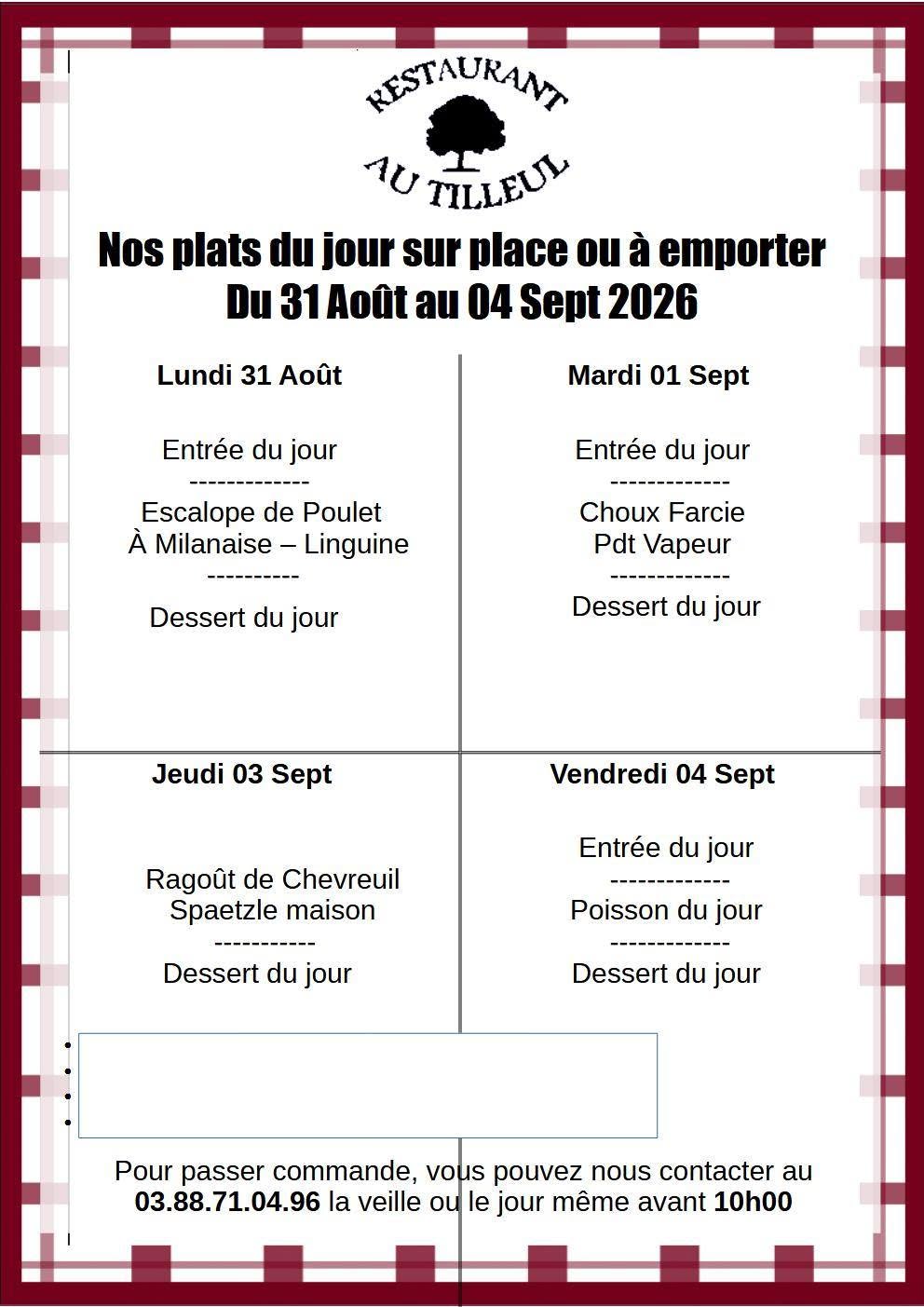 Menus du 31 Août au 4 Septembre 2026