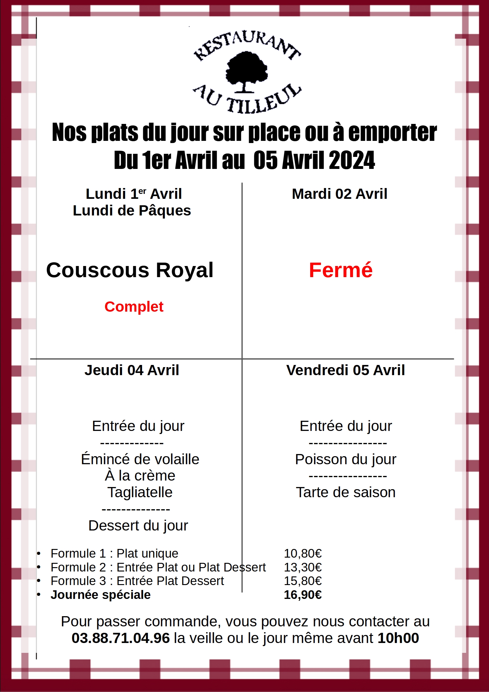 Menus du 1er au 5 Avril 2024