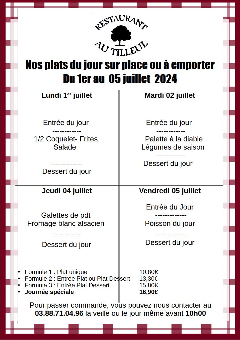 Menus du 1er au 5 juillet 2024