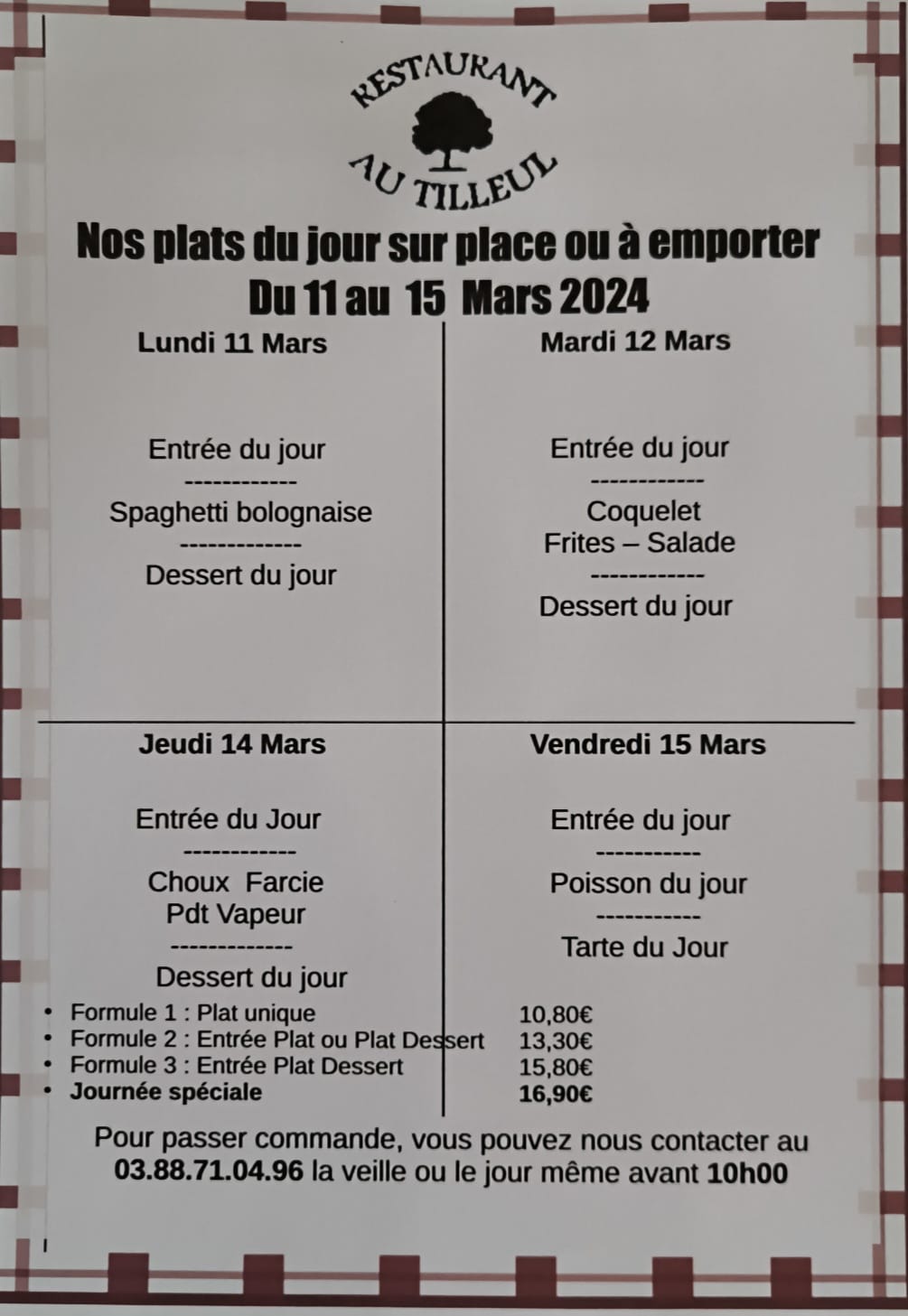 Menus du 11 au 15 mars 2024