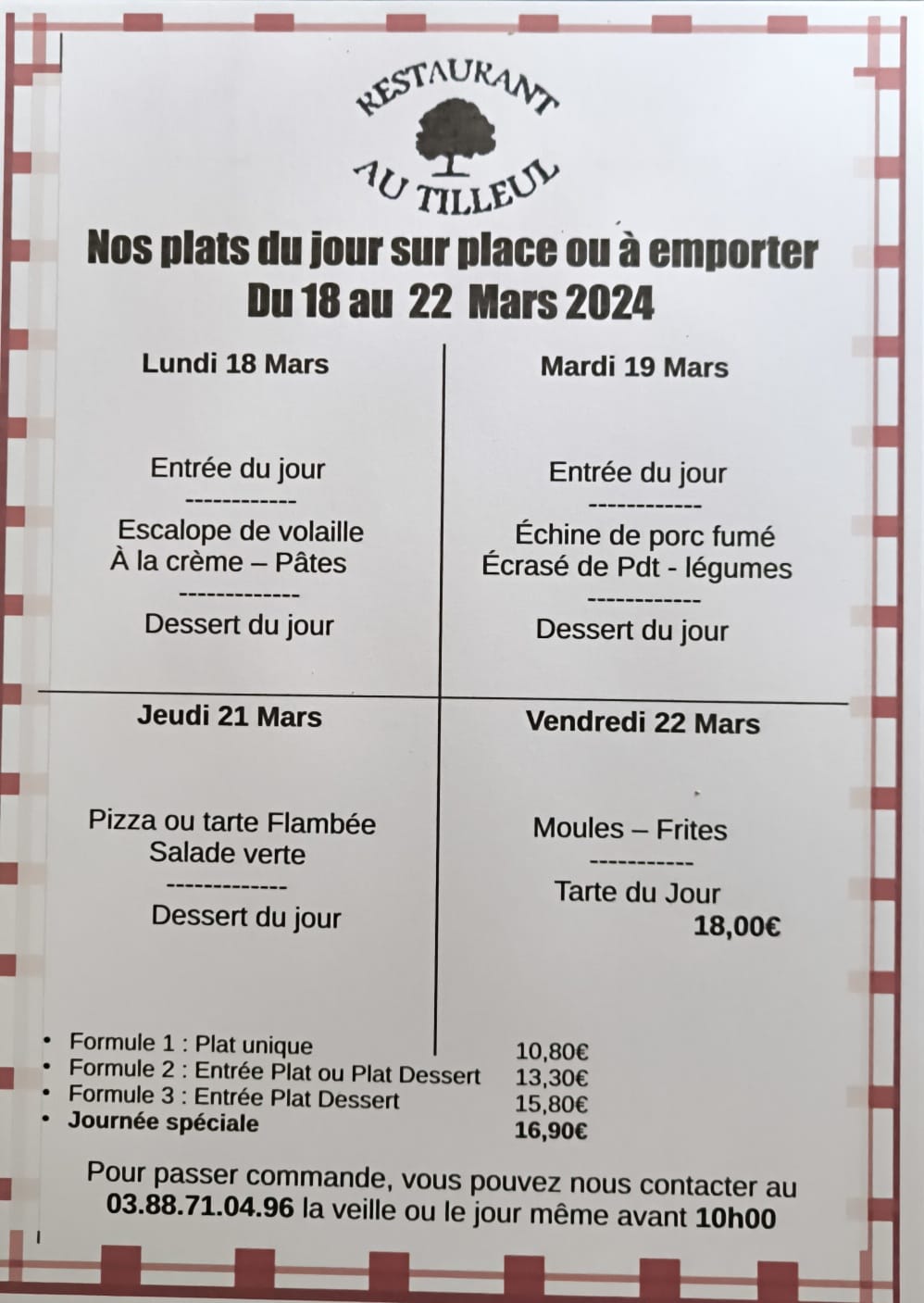 Menus du 18 au 22 mars 2024