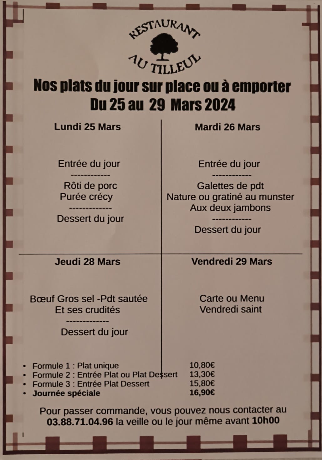 Menus du 25 au 28 mars 2024